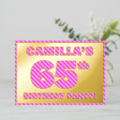 65e verjaardagsfeest — Opvallend, leuk, roze strep Folie Uitnodiging (Staand Voorkant)