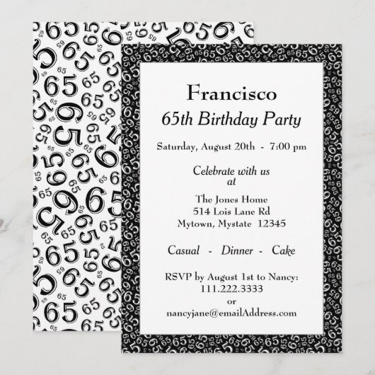 65e verjaardagsfeest, zwart/wit nummerpatroon kaart (Voorkant / Achterkant)