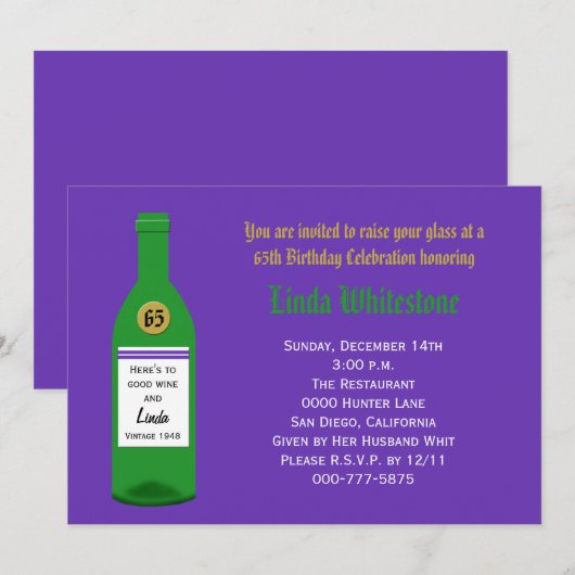 65e Verjaardagsfeestuitnodiging Paarse Kaart (Voorkant / Achterkant)