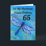 65e   Voor mijn man Blue Dragonfly Verjaardag Kaart<br><div class="desc">Vier de 65ste verjaardag van je man op een blauwe libel kaart. Creëer van mijn originele waterverf schilderij,  vliegt het grillige insect rustig voorbij met oceaanblauw,  zwart en blauwgroen groene kleuren. Geniet van de boodschap van felicitaties met al je liefde.</div>