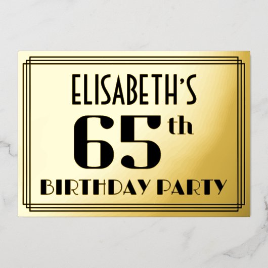 65ste verjaardag: Art Deco Kijk "65" en naam Folie Uitnodiging (Voorkant)
