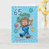65ste verjaardag Kaart - Leuke dame met een glaasj (Gele Bloem)