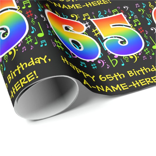 65ste verjaardag: Kleurrijke muzieksymbolen, Rainb Cadeaupapier (Rol Hoek)