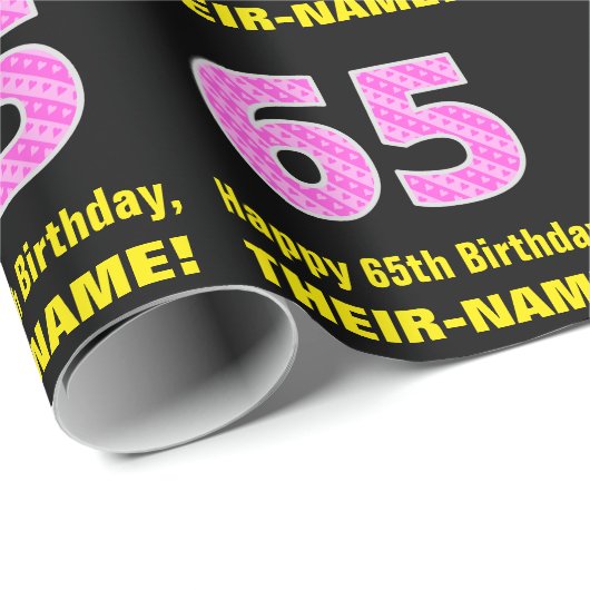 65ste verjaardag: roze strepen en harten "65" + na cadeaupapier (Rol Hoek)