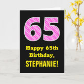 65ste verjaardag: roze strepen en harten "65" + na kaart (Gele Bloem)