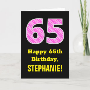 65ste verjaardag: roze strepen en harten "65" + na kaart
