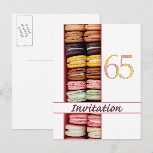 65ste verjaardag uitnodiging macaron (Voorkant / Achterkant)