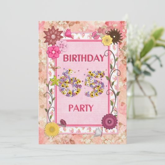 65ste verjaardagsfeestje met bloemenfeest lijst kaart (Staand voorkant)