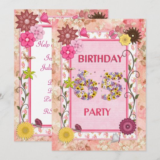 65ste verjaardagsfeestje met bloemenfeest lijst kaart (Voorkant / Achterkant)