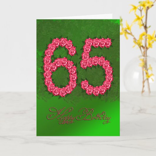 65ste verjaardagskaart met rozen en bladeren kaart (Gele Bloem)