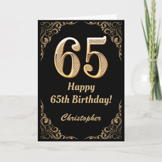 65th Birthday Black en Gold Glitter Lijst Kaart (Voorkant)