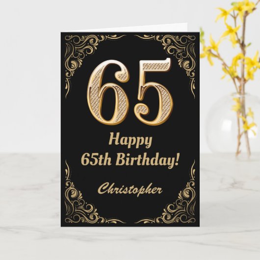 65th Birthday Black en Gold Glitter Lijst Kaart (Gele Bloem)