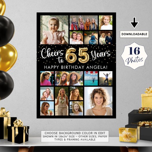 65th Birthday Black Gold 16 Photo Cheers to Years Poster