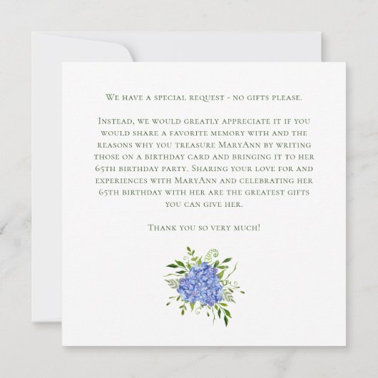 65th Birthday Blue Hydrangeas Card Request Kaart (Achterkant)