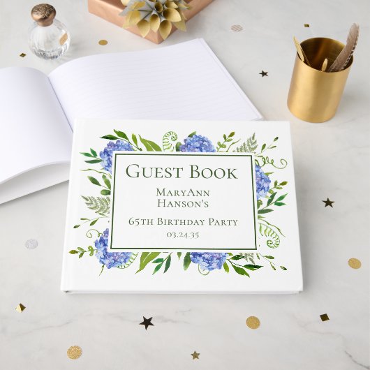 65th Birthday Blue Hydrangeas Gastenboek (Voorkant open)