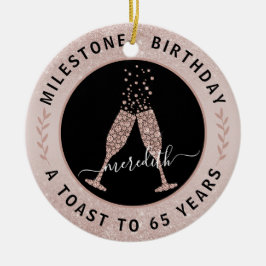 65th Birthday Blush Glitter Champagne Toast Name Keramisch Ornament