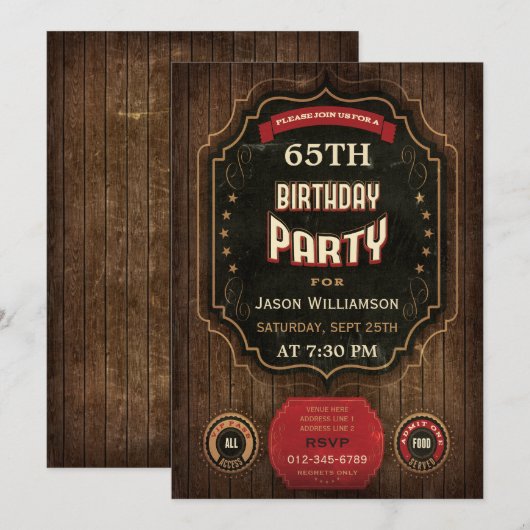 65th Birthday  Chalkboard & Wood Kaart (Voorkant / Achterkant)