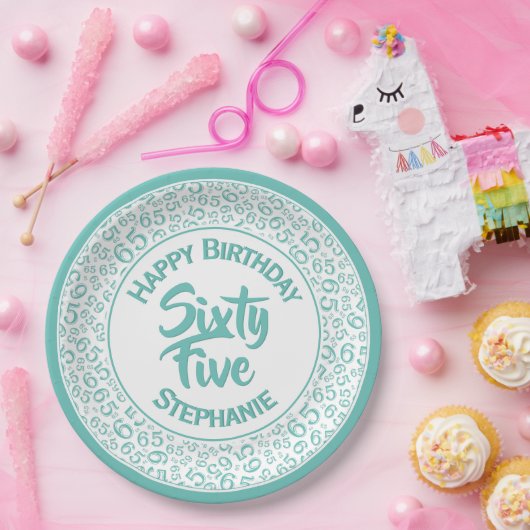 65th Birthday Cool Number Pattern Blauwgroen/White Papieren Bordje (Feest)