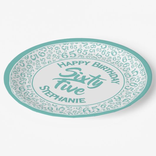 65th Birthday Cool Number Pattern Blauwgroen/White Papieren Bordje (Gekanteld)