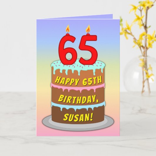 65th Birthday — Fun Cake & Candles, w/Custom Name Kaart (Gele Bloem)