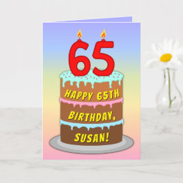 65th Birthday — Fun Cake & Candles, w/Custom Name Kaart