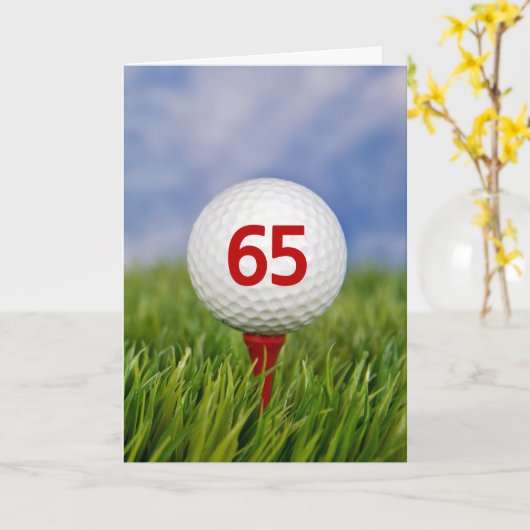 65th Birthday Golf Ball on Red T-shirt Kaart (Gele Bloem)