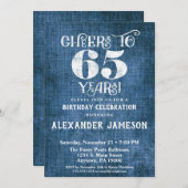 65th Birthday Invitation Blue Linen Rustic Cheers Kaart (Voorkant / Achterkant)
