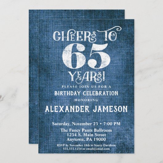 65th Birthday Invitation Blue Linen Rustic Cheers Kaart (Voorkant / Achterkant)