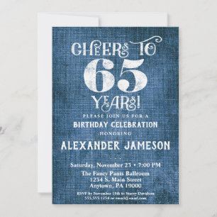 65th Birthday Invitation Blue Linen Rustic Cheers Kaart