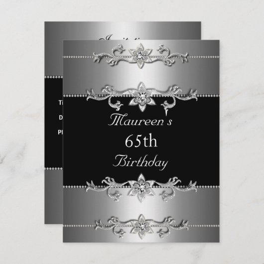 65th Birthday Invitation Elegant Black Silver Kaart (Voorkant / Achterkant)