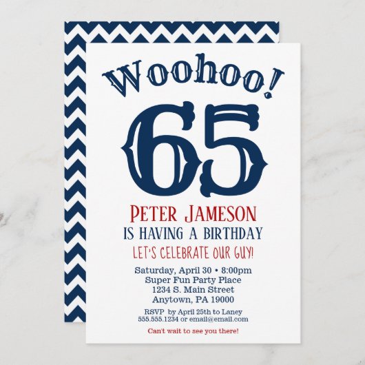 65th Birthday Invitation Mannen Navy Blue Kaart (Voorkant / Achterkant)