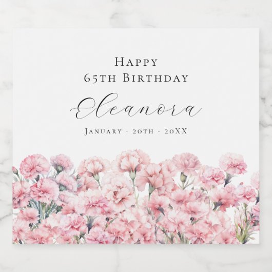 65th Birthday January Birth Flower Carnation Sparkling Wijnetiket (Enkel label)