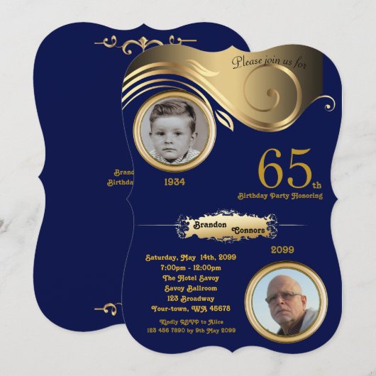 65th, Birthday Man age, art deco, Navy gold Kaart (Voorkant / Achterkant)