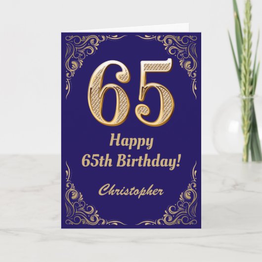 65th Birthday Navy Blue and Gold Glitter Lijst Kaart (Voorkant)