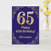 65th Birthday Navy Blue and Gold Glitter Lijst Kaart (Gele Bloem)