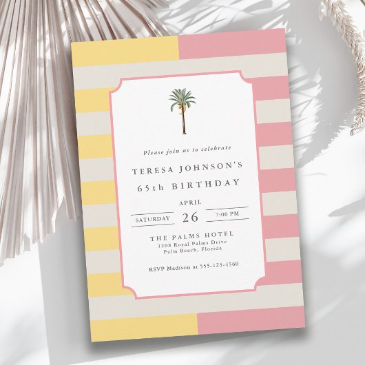 65th Birthday Palm Beach Pastel Stripe Tropical Kaart
