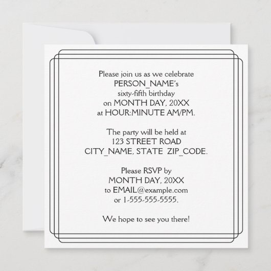 65th Birthday Party: Art Deco Style w/ Custom Name Kaart (Achterkant)