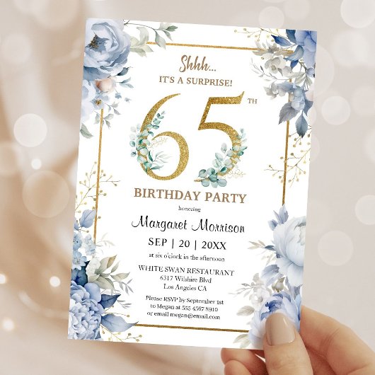 65th Birthday Party Elegant Dusty Blue Floral Kaart