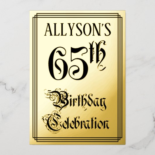 65th Birthday Party — Elegant Script + aangepaste  Folie Uitnodiging (Voorkant)