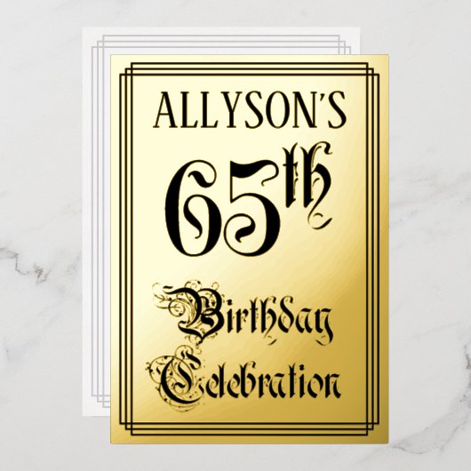 65th Birthday Party — Elegant Script + aangepaste Folie Uitnodiging (Voorkant / Achterkant)