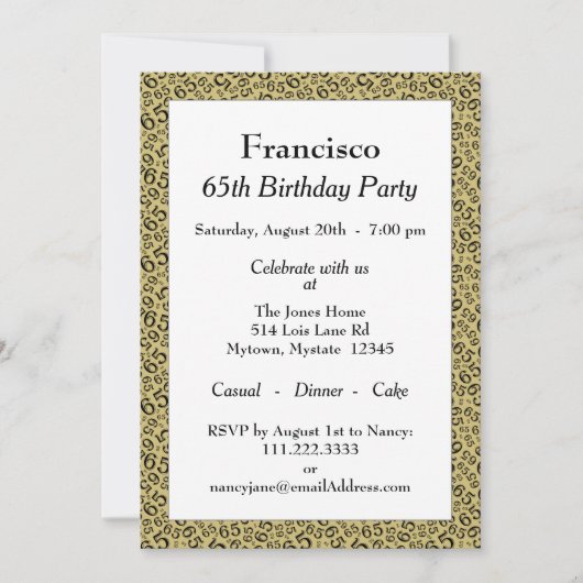 65th Birthday Party, Gold/Black Number Pattern Kaart (Voorkant)