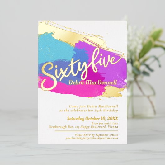 65th Birthday party gouden foto heldere abstracte  Folie Uitnodiging (Staand Voorkant)