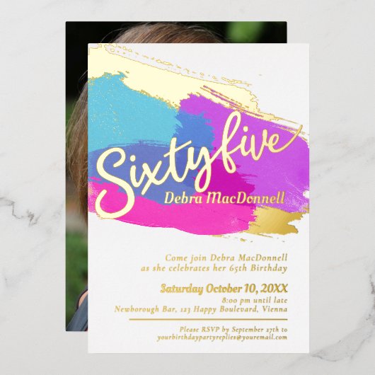 65th Birthday party gouden foto heldere abstracte  Folie Uitnodiging (Voorkant / Achterkant)