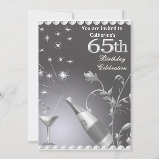 65th Birthday Party Invitation - Silver Kaart (Voorkant)