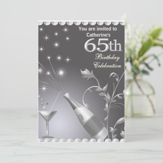 65th Birthday Party Invitation - Silver Kaart (Staand voorkant)