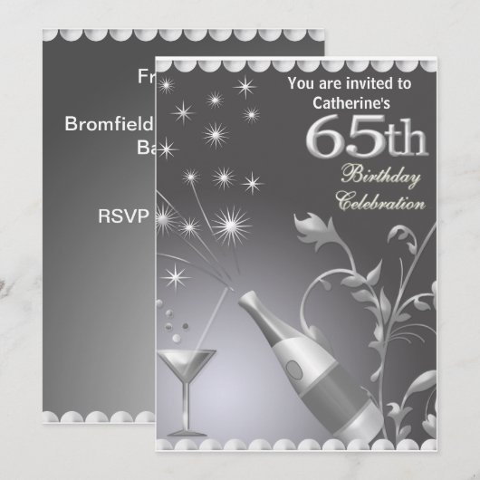 65th Birthday Party Invitation - Silver Kaart (Voorkant / Achterkant)
