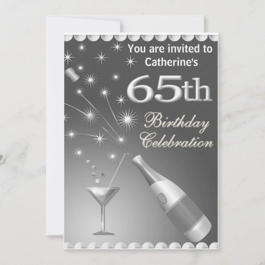 65th Birthday Party Invitation - Silver Kaart (Voorkant)