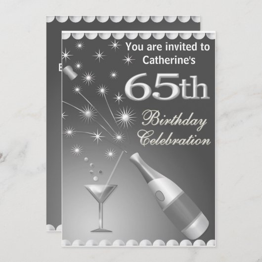 65th Birthday Party Invitation - Silver Kaart (Voorkant / Achterkant)
