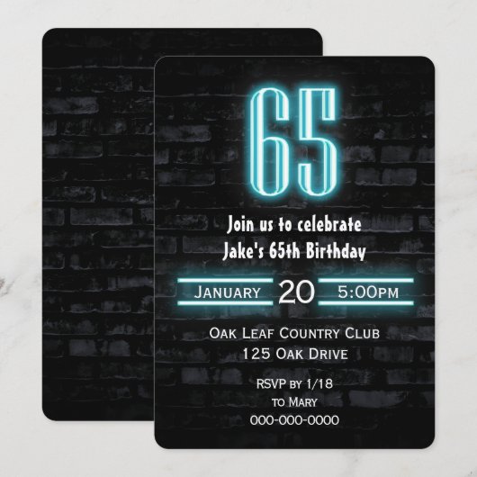 65th Birthday Party Neon Sign on Brick Kaart (Voorkant / Achterkant)