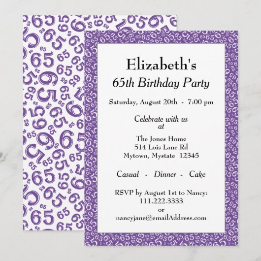 65th Birthday Party Paars/White number patroon Kaart (Voorkant / Achterkant)
